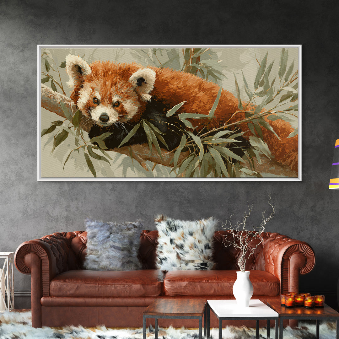 Red Panda Among Bamboo Leaves Framed Canvas Print, Wildlife Art, Home Decor, Living Room Decor, Fine Art, Wild, Boho Wall Decor, WIL-2x1-40