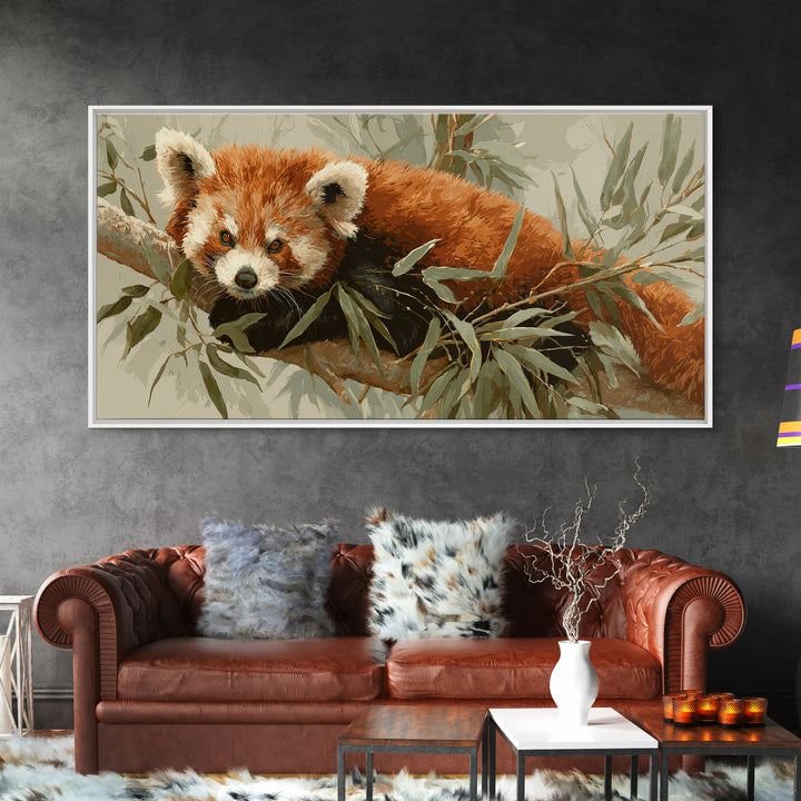 Red Panda Among Bamboo Leaves Framed Canvas Print, Wildlife Art, Home Decor, Living Room Decor, Fine Art, Wild, Boho Wall Decor, WIL-2x1-40