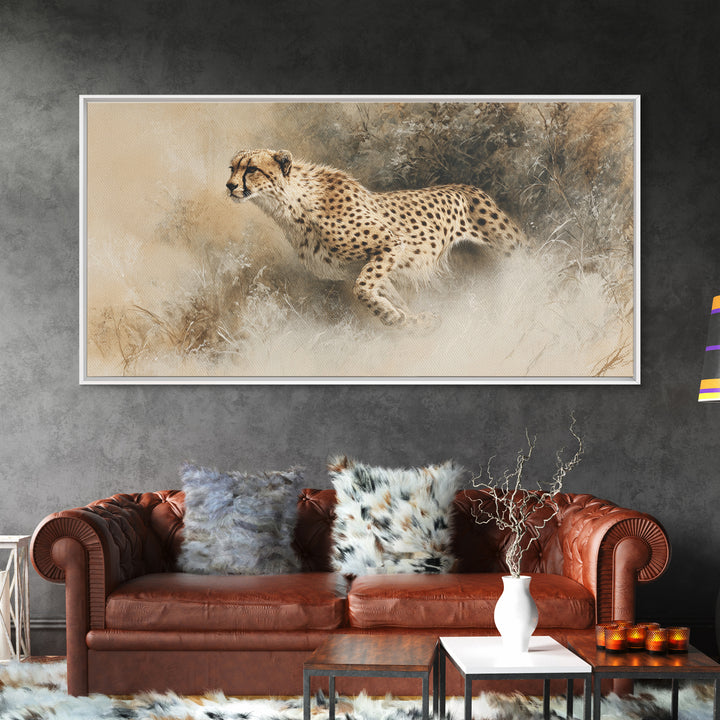 Cheetah Running Through Warm Dust Canvas Print, Wildlife Art, Contemporary Art, Living Room Decor, Wild, Wall Art Print, WIL-2x1-41