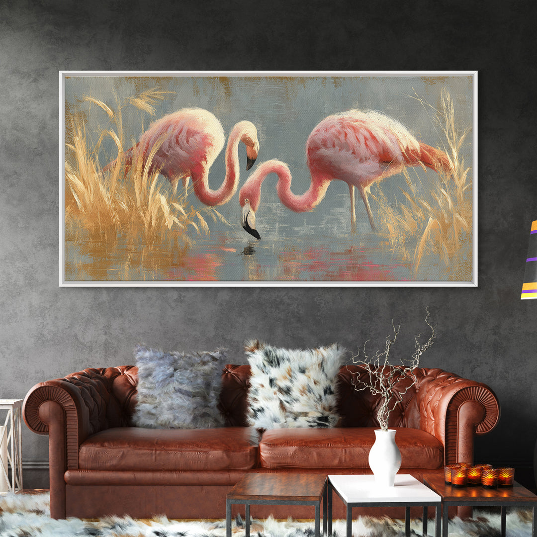Flamingos in Pink Shallow Water Framed Canvas Print, Wildlife Art, Statement Artwork, Living Room Decor, Fine Art, Wild, WIL-2x1-42