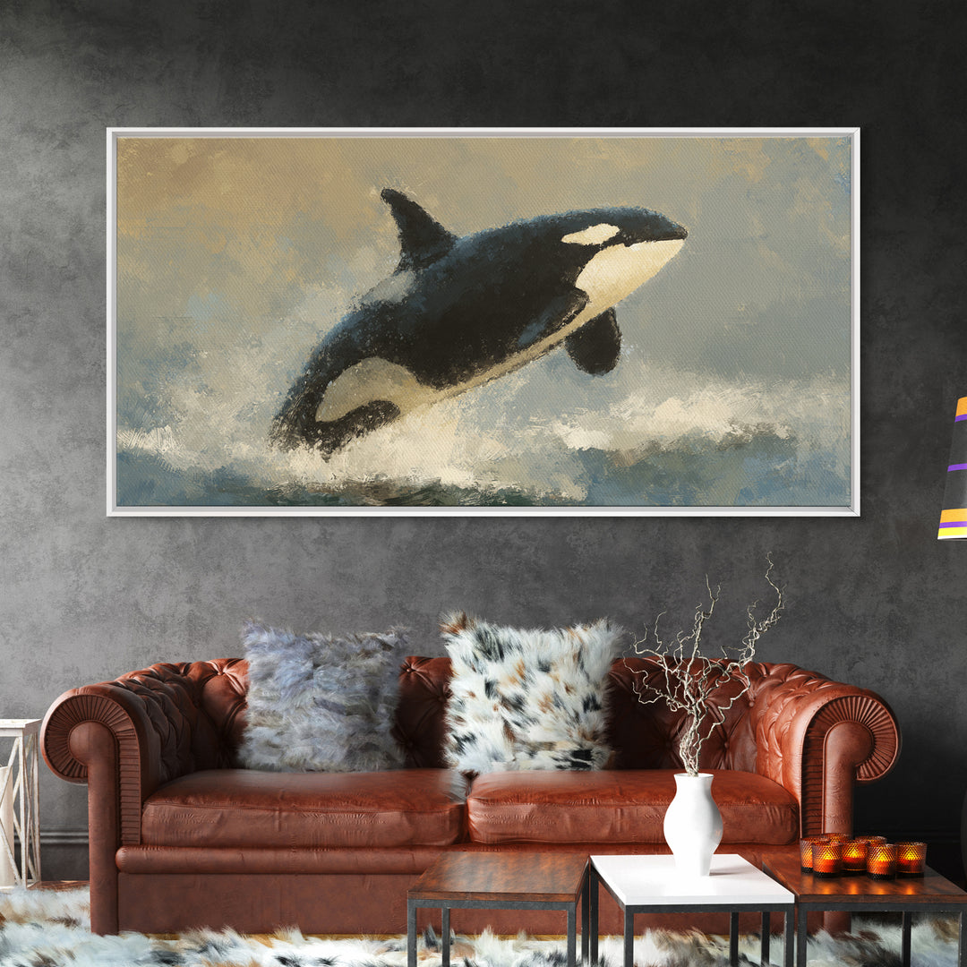 Orca Breaching in Cold Ocean Framed Canvas Print, Wildlife Art, Wall Hangings, Living Room Decor, Oil Painting, Wild, WIL-2x1-43