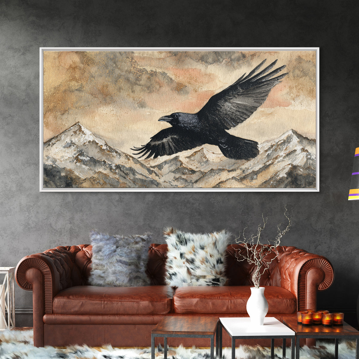 Raven Flying Through Snowy Mountains Canvas Print, Wildlife Art, Textured Painting, Living Room Decor, Fine Art, Wild, WIL-2x1-44
