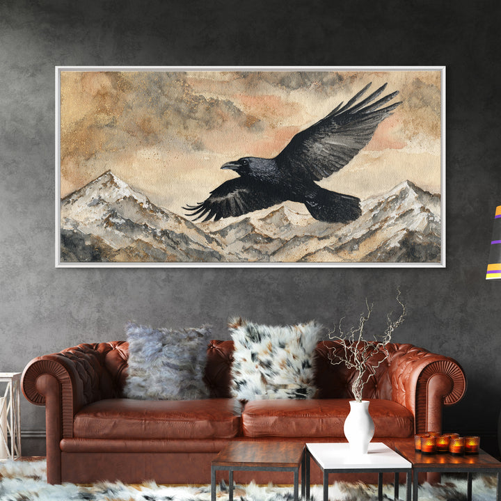Raven Flying Through Snowy Mountains Canvas Print, Wildlife Art, Textured Painting, Living Room Decor, Fine Art, Wild, WIL-2x1-44