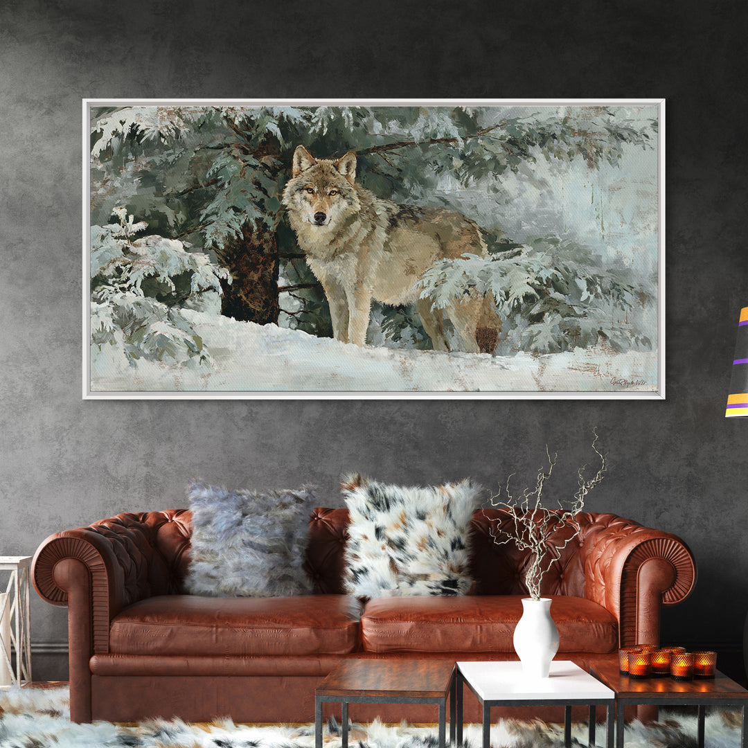 Wolf Standing Beneath Snowy Pine Trees Canvas Print, Wildlife Art, Wall Art Print, Living Room Decor, Oil Painting, Wild, WIL-2x1-47