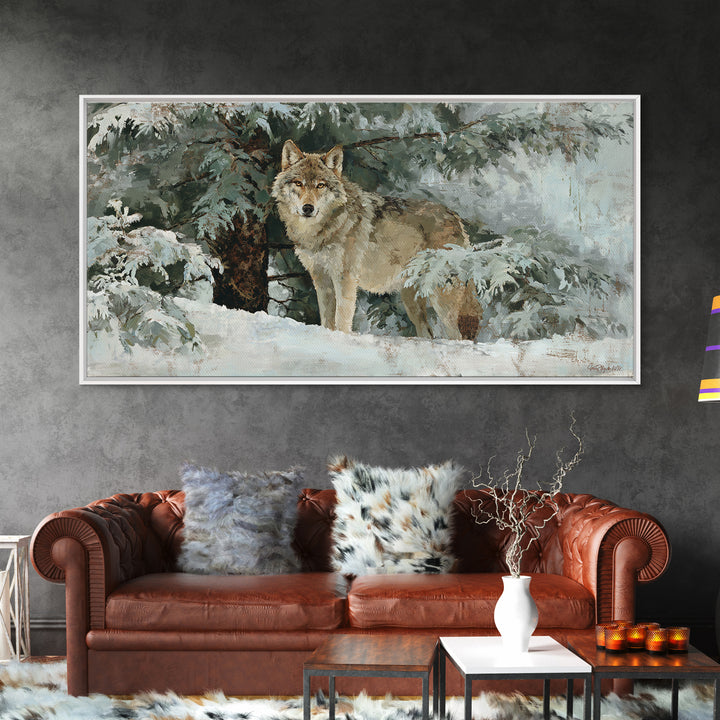 Wolf Standing Beneath Snowy Pine Trees Canvas Print, Wildlife Art, Wall Art Print, Living Room Decor, Oil Painting, Wild, WIL-2x1-47