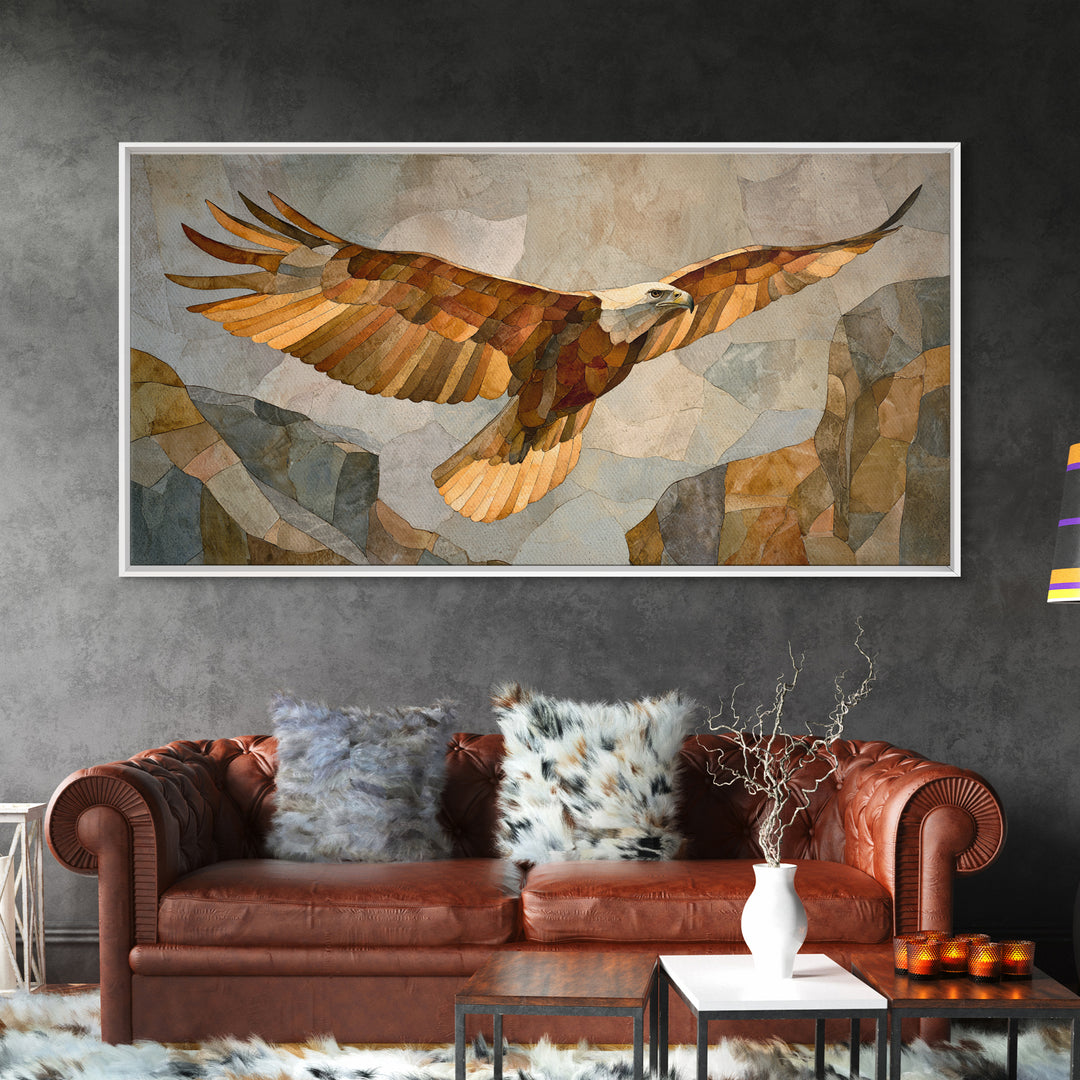 Eagle Soaring Above Rocky Cliffs Framed Canvas Print, Wildlife Art, Minimalist Decor, Living Room Decor, Fine Art, Wild, WIL-2x1-50
