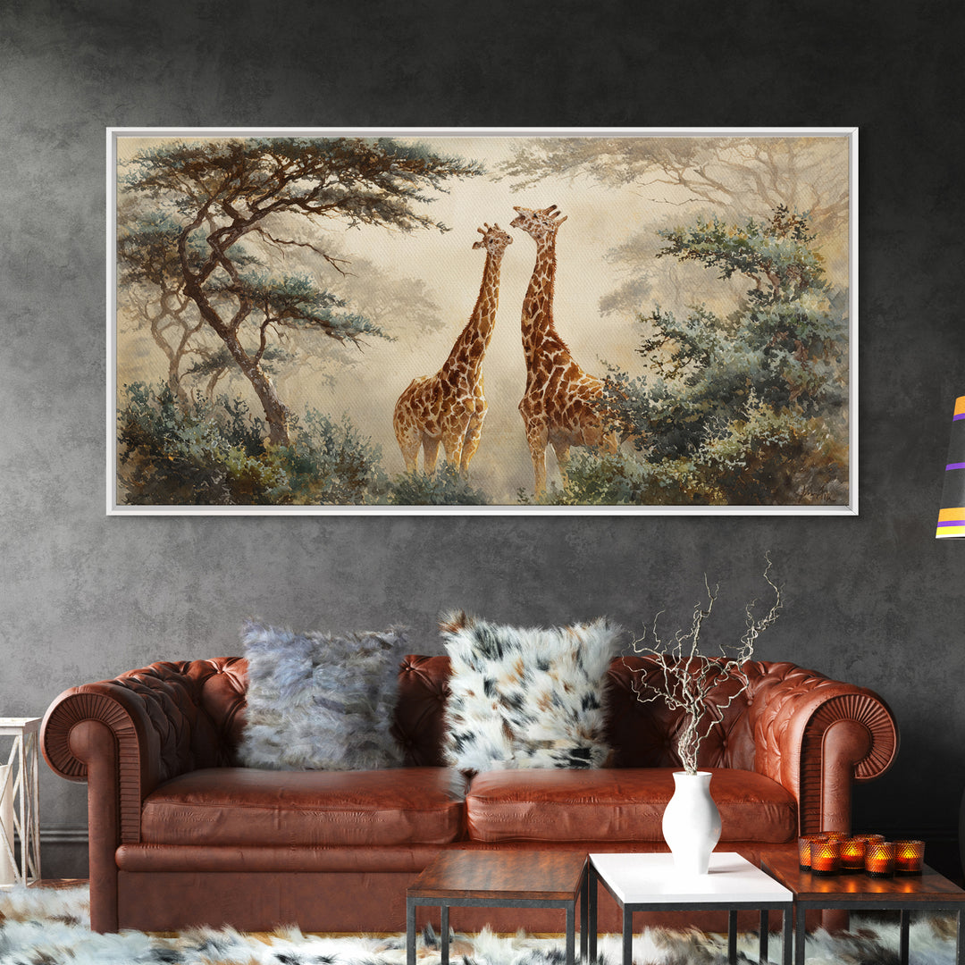 Giraffe Pair under Acacia Tree Framed Canvas Print, Wildlife Art, Modern Wall Art, Living Room Decor, Watercolor Art, Wild, WIL-2x1-51
