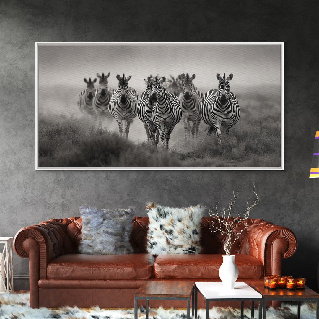 Zebra Herd in Graphic Black and White Framed Canvas Print, Wildlife Art, Boho Wall Decor, Living Room Decor, Fine Art, Wild, WIL-2x1-55