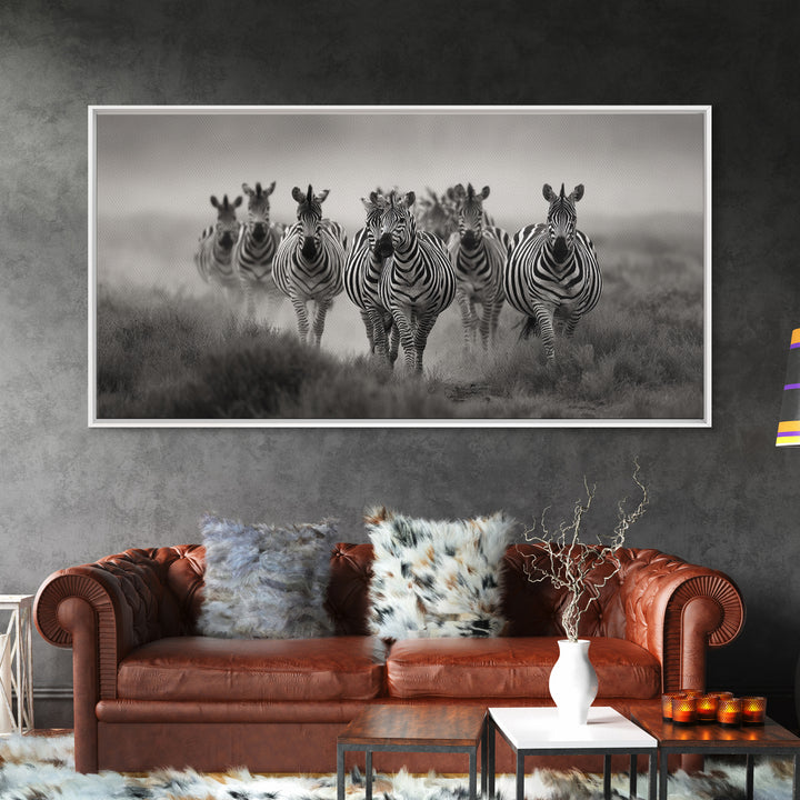 Zebra Herd in Graphic Black and White Framed Canvas Print, Wildlife Art, Boho Wall Decor, Living Room Decor, Fine Art, Wild, WIL-2x1-55