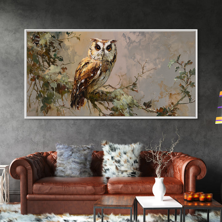 Owl Perched in Moonlit Woodland Framed Canvas Print, Wildlife Art, Wall Hangings, Living Room Decor, Fine Art, Wild, Bird Art, WIL-2x1-56