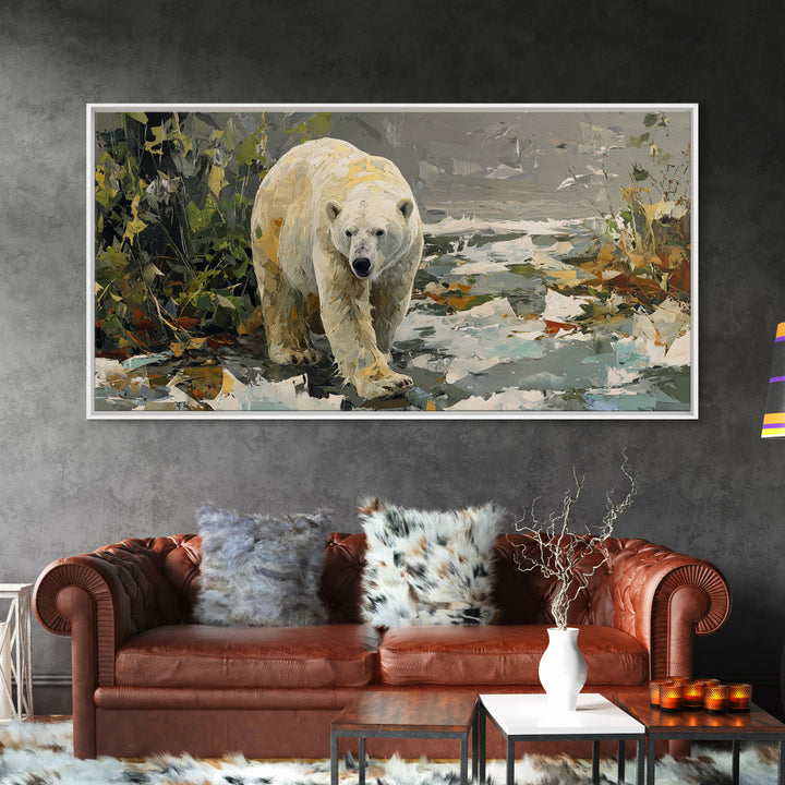 Polar Bear Crossing Blue Ice Framed Canvas Print, Wildlife Art, Landscape Art, Living Room Decor, Watercolor Art, Wild, WIL-2x1-59