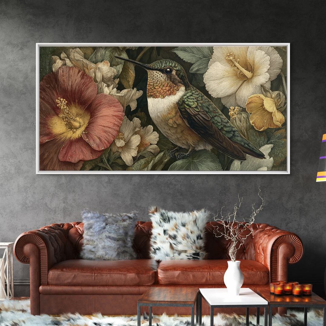 Hummingbird Beside Bright Flowers Framed Canvas Print, Wildlife Art, Oil Painting, Living Room Decor, Fine Art, Wild, WIL-2x1-60