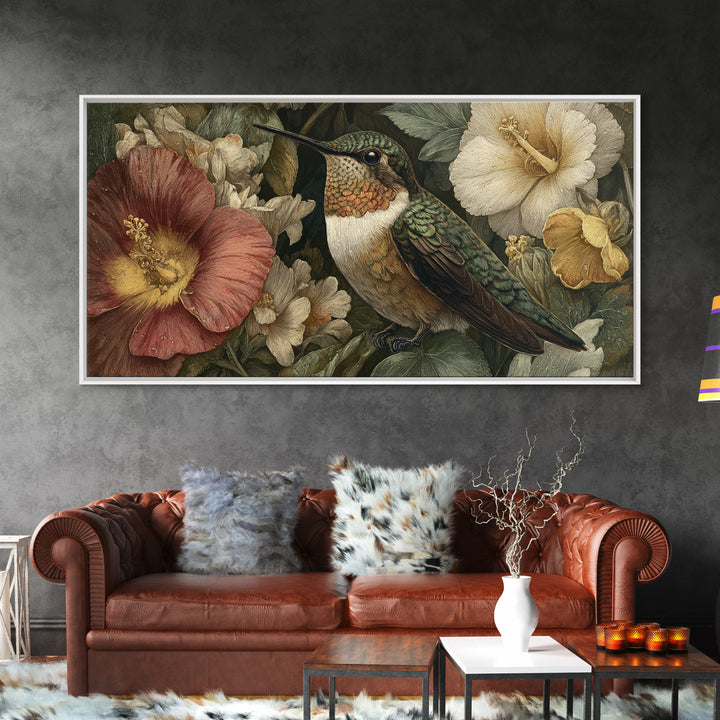 Hummingbird Beside Bright Flowers Framed Canvas Print, Wildlife Art, Oil Painting, Living Room Decor, Fine Art, Wild, WIL-2x1-60