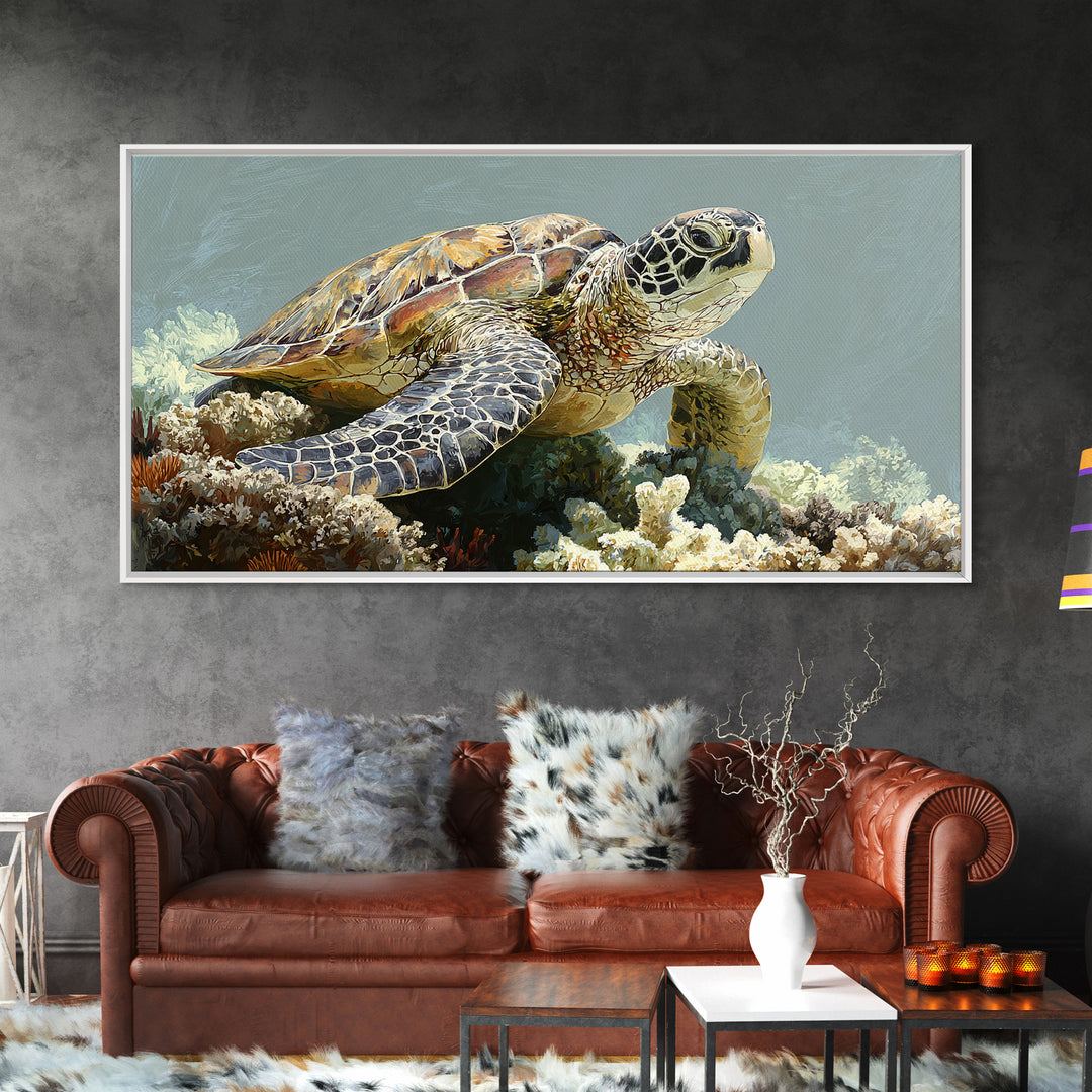 Sea Turtle over Coral Reef Canvas Print, Wildlife Art, Room Decor, Living Room Decor, Oil Painting, Wild, Large Wall Art, WIL-2x1-62