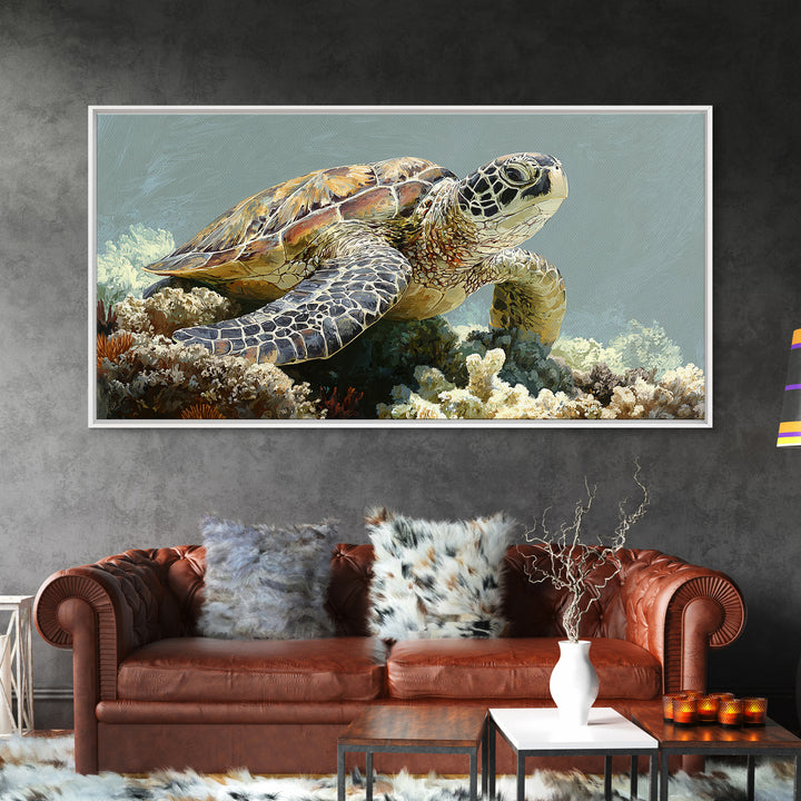 Sea Turtle over Coral Reef Canvas Print, Wildlife Art, Room Decor, Living Room Decor, Oil Painting, Wild, Large Wall Art, WIL-2x1-62