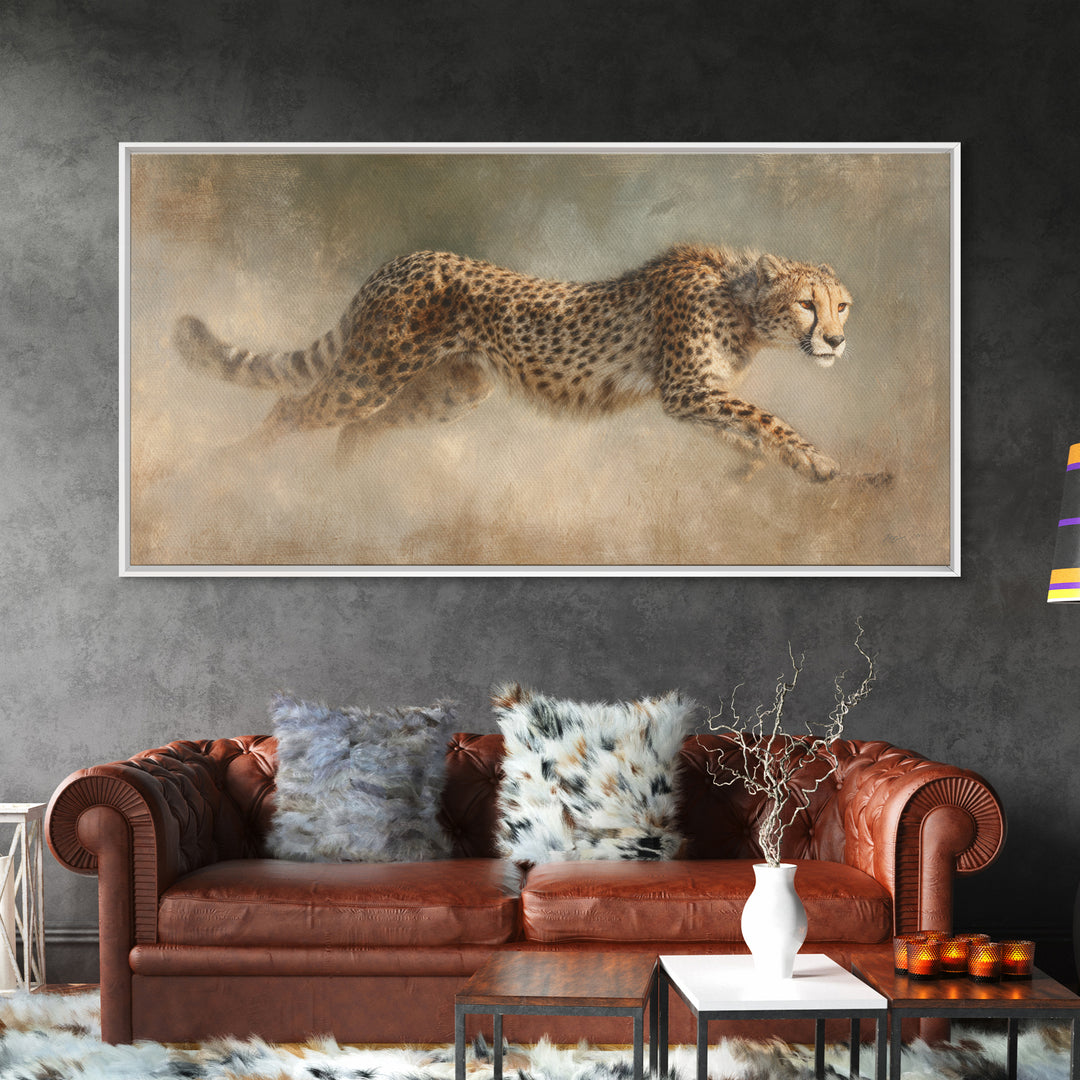 Cheetah Running Through Warm Dust Framed Canvas Print, Wildlife Art, Wall Hangings, Living Room Decor, Abstract Art, Wild, WIL-2x1-65
