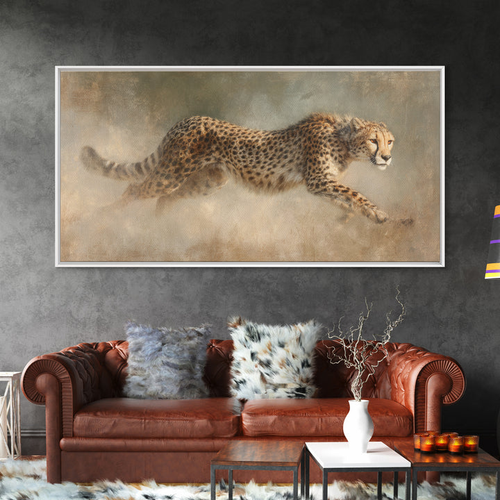 Cheetah Running Through Warm Dust Framed Canvas Print, Wildlife Art, Wall Hangings, Living Room Decor, Abstract Art, Wild, WIL-2x1-65