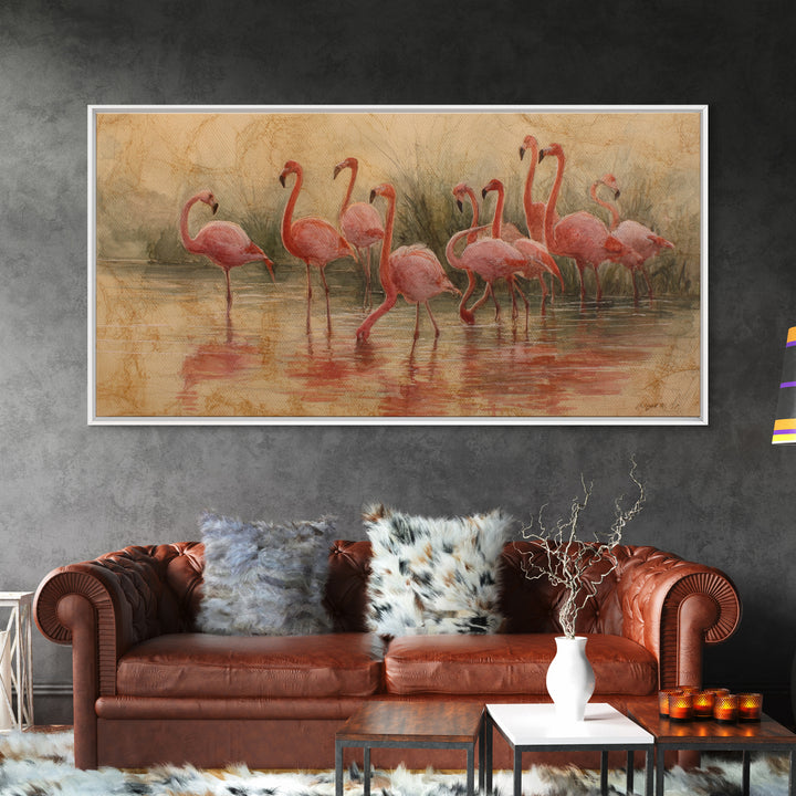 Flamingos in Pink Shallow Water Canvas Print, Wildlife Art, Textured Painting, Living Room Decor, Watercolor Art, Wild, WIL-2x1-66