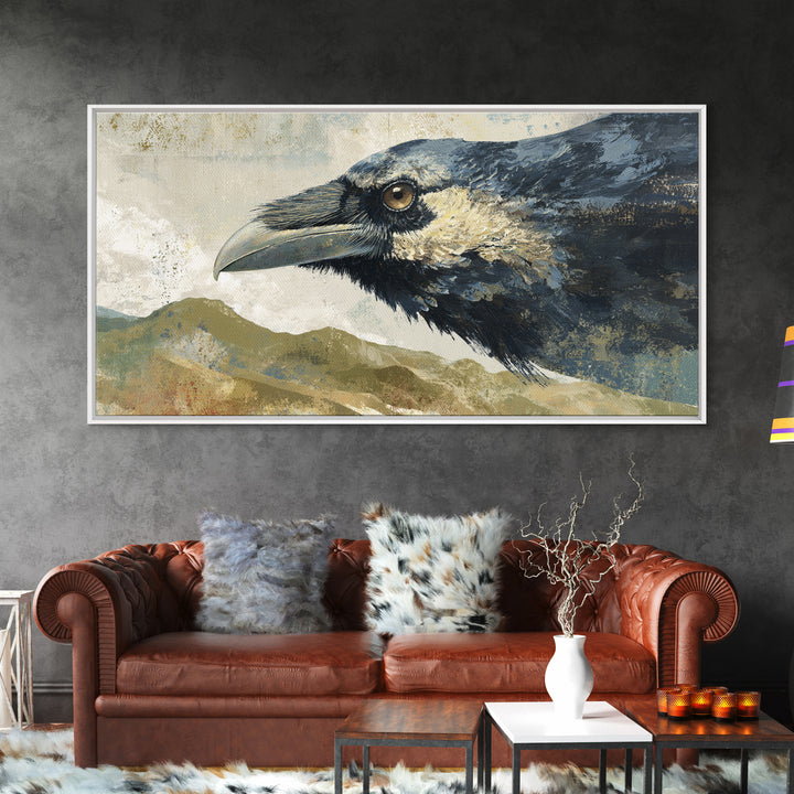 Raven Flying Through Snowy Mountains Canvas Print, Wildlife Art, Large Wall Art, Living Room Decor, Wild, Landscape Art, WIL-2x1-68