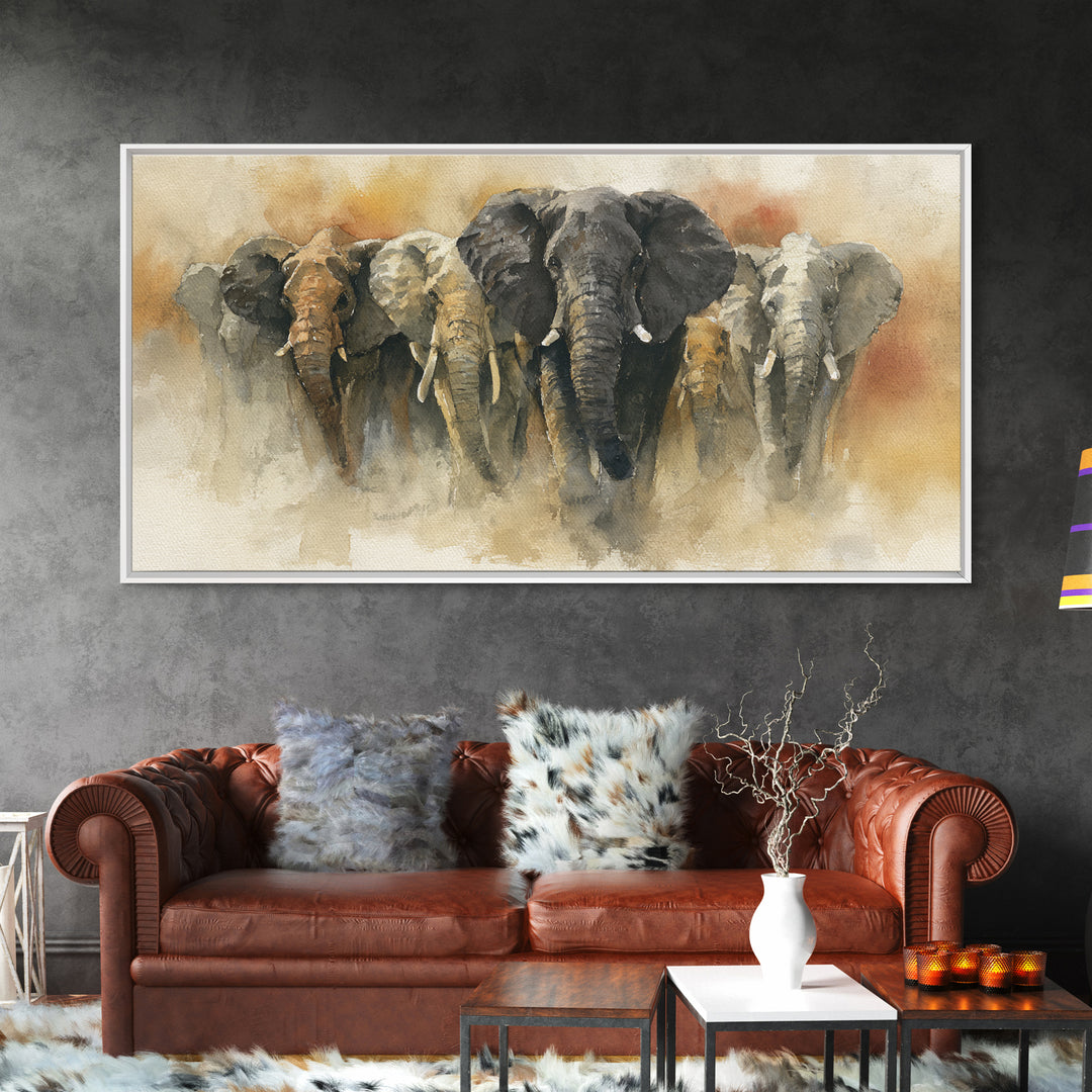 Elephant Herd Walking Through Dusty Sunset Canvas Print, Wildlife Art, Wall Decor, Living Room Decor, Fine Art, Wild, WIL-2x1-70