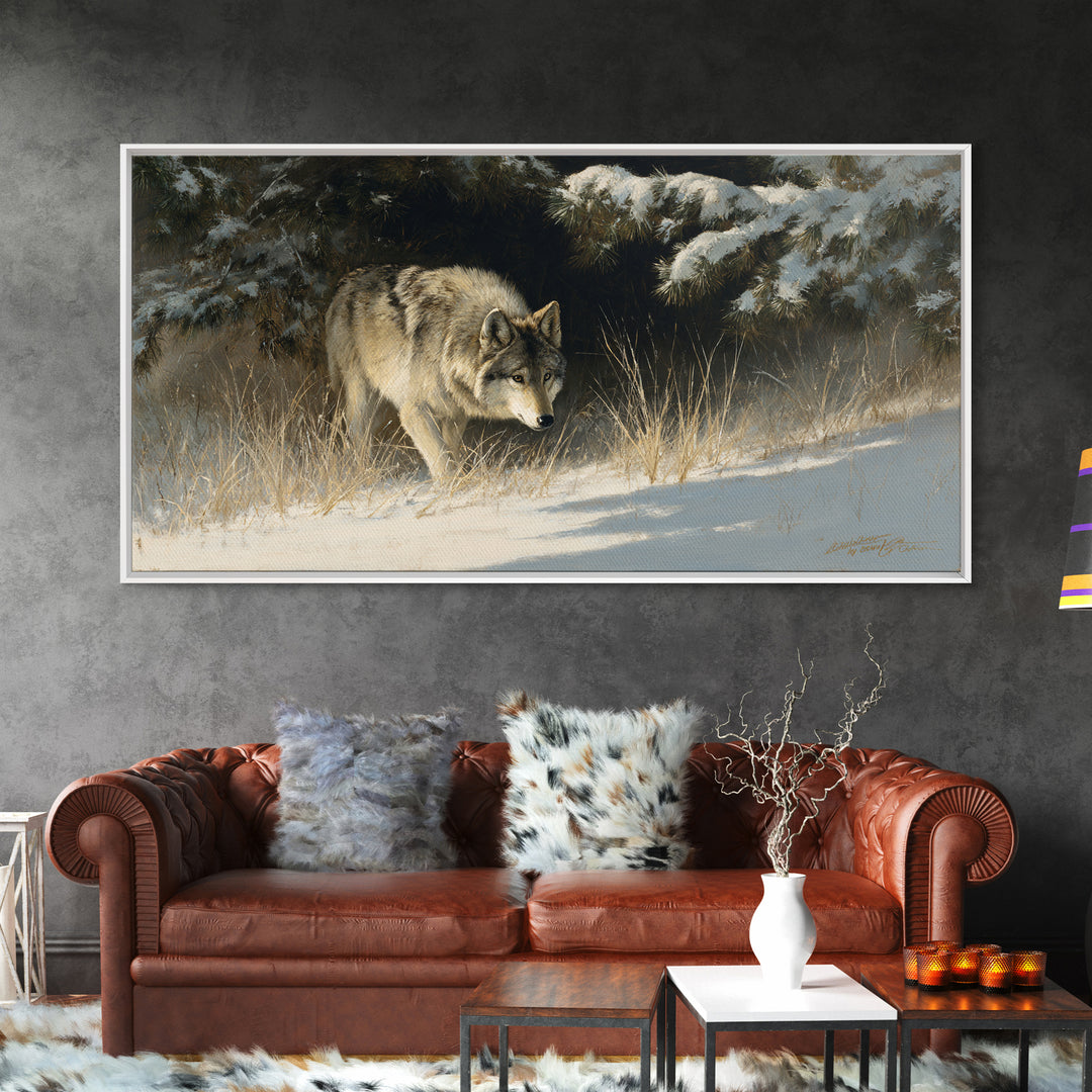 Wolf Standing Beneath Snowy Pine Trees Canvas Print, Wildlife Art, Living Room Art, Living Room Decor, Abstract Art, Wild, WIL-2x1-71