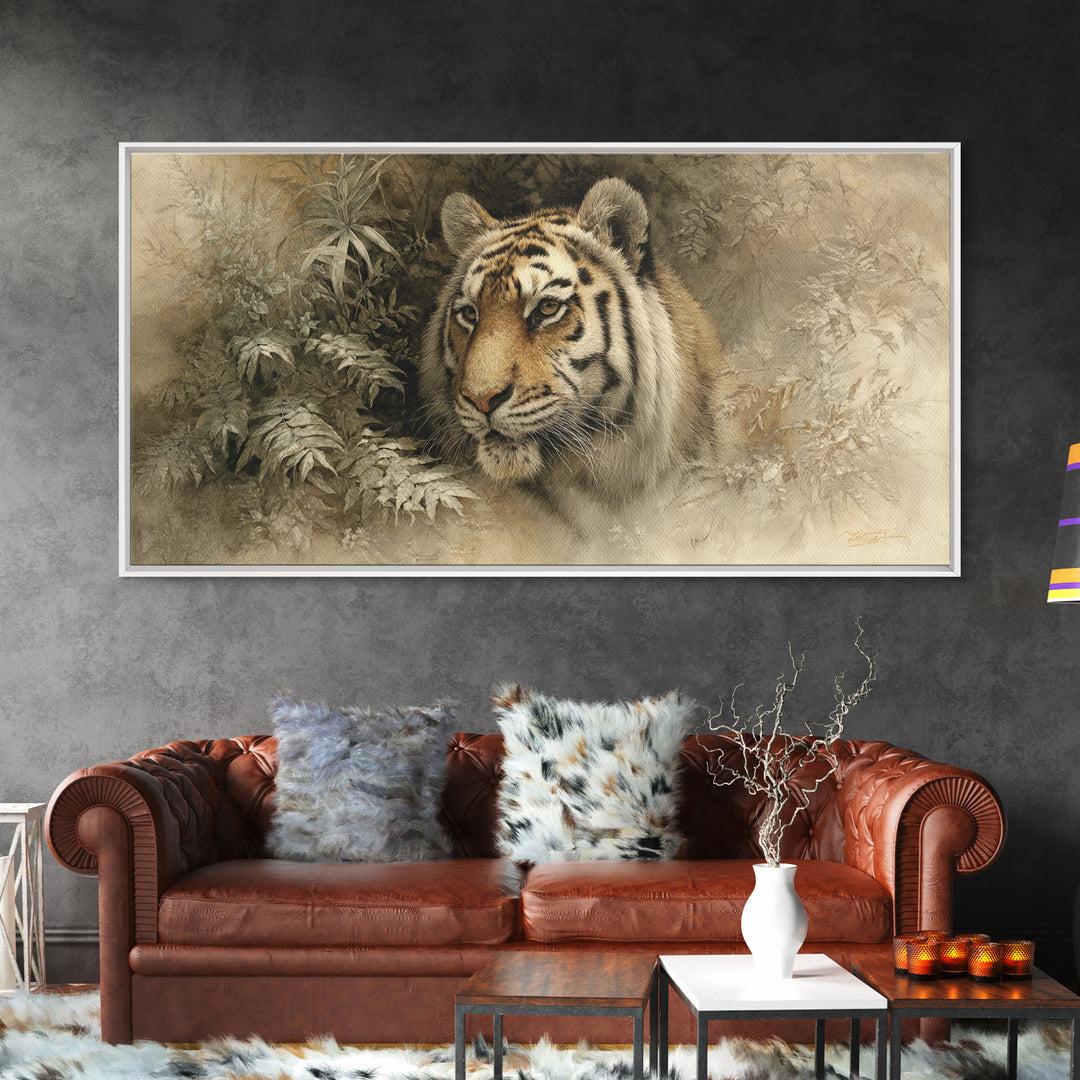 Tiger Portrait with Jungle Shadows Canvas Print, Wildlife Art, Digital Wall Art, Living Room Decor, Fine Art, Wild, Modern Art, WIL-2x1-73