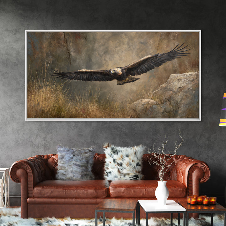 Eagle Soaring Above Rocky Cliffs Canvas Print, Wildlife Art, Living Room Decor, Watercolor Art, Wild, Living Room Wall Art, WIL-2x1-74