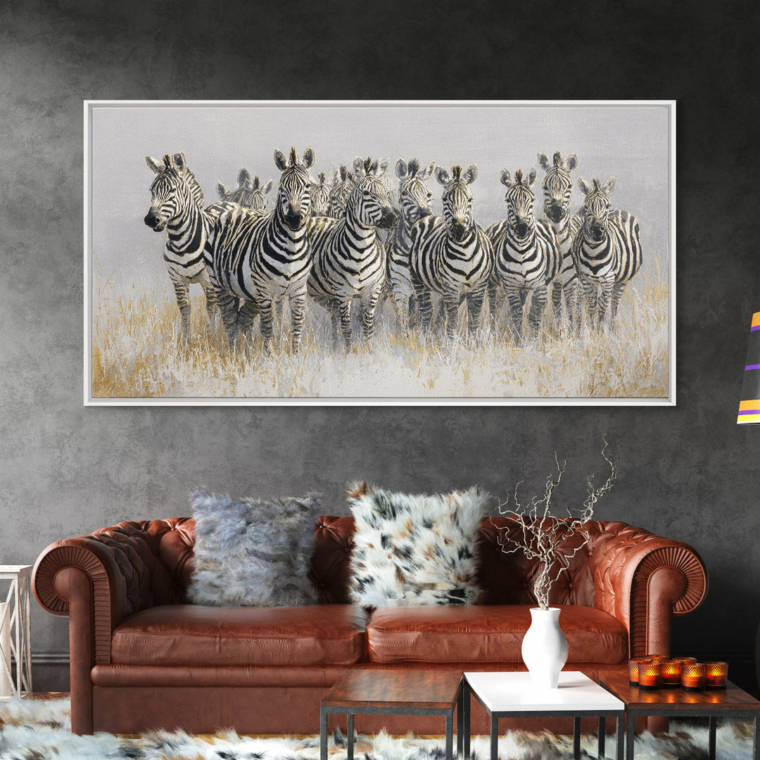 Zebra Herd in Graphic Black and White Framed Canvas Print, Wildlife Art, Bird Wall Art, Living Room Decor, Fine Art, Wild, WIL-2x1-79
