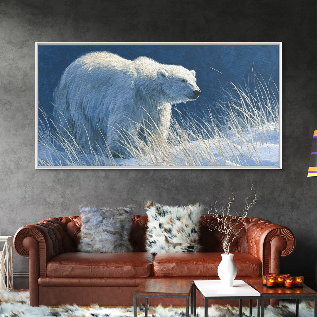 Polar Bear Crossing Blue Ice Framed Canvas Print, Wildlife Art, Contemporary Art, Living Room Decor, Wild, Wall Art Print, WIL-2x1-83
