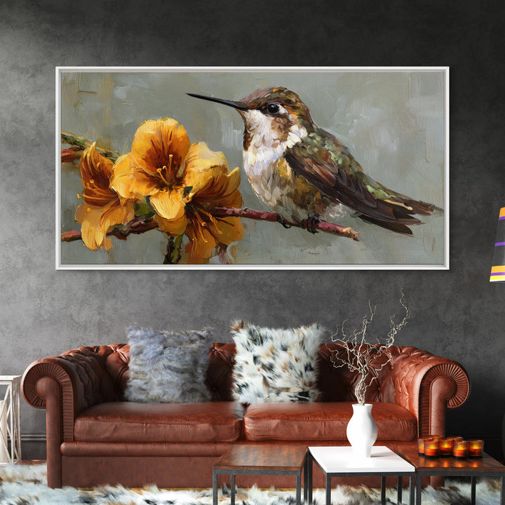 Hummingbird Beside Bright Flowers Framed Canvas Print, Wildlife Art, Bird Art, Living Room Decor, Watercolor Art, Wild, WIL-2x1-84