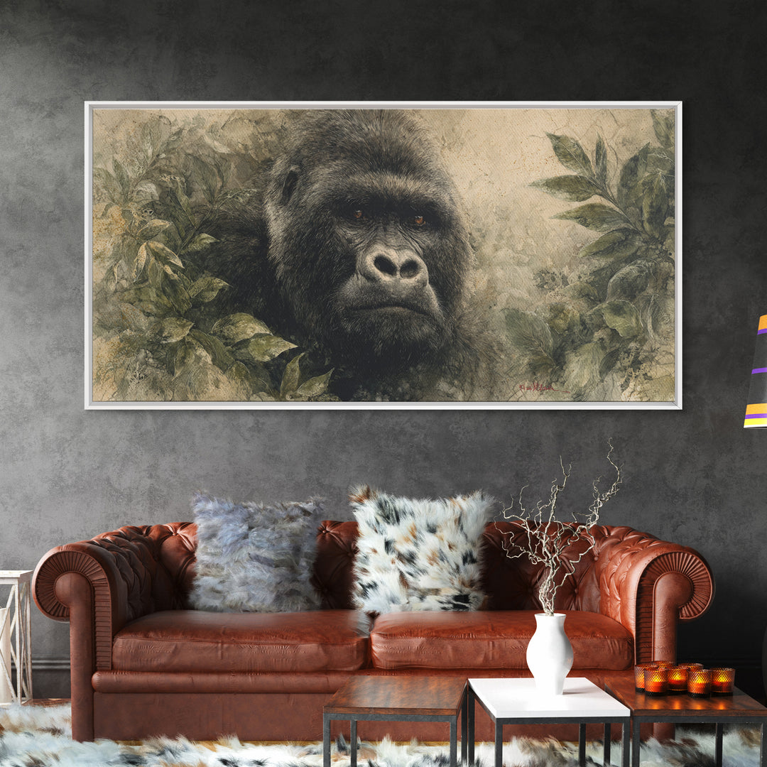 Gorilla Portrait with Powerful Gaze Framed Canvas Print, Wildlife Art, Canvas Wall Art, Living Room Decor, Fine Art, Wild, WIL-2x1-85