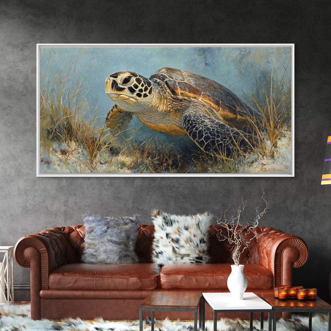 Sea Turtle over Coral Reef Framed Canvas Print, Wildlife Art, Home Decor, Living Room Decor, Fine Art, Wild, Boho Wall Decor, WIL-2x1-86
