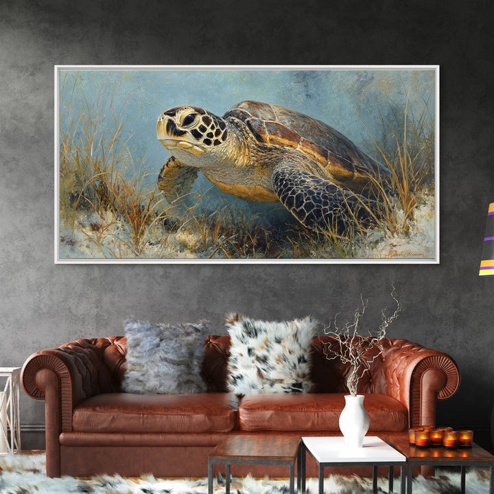 Sea Turtle over Coral Reef Framed Canvas Print, Wildlife Art, Home Decor, Living Room Decor, Fine Art, Wild, Boho Wall Decor, WIL-2x1-86