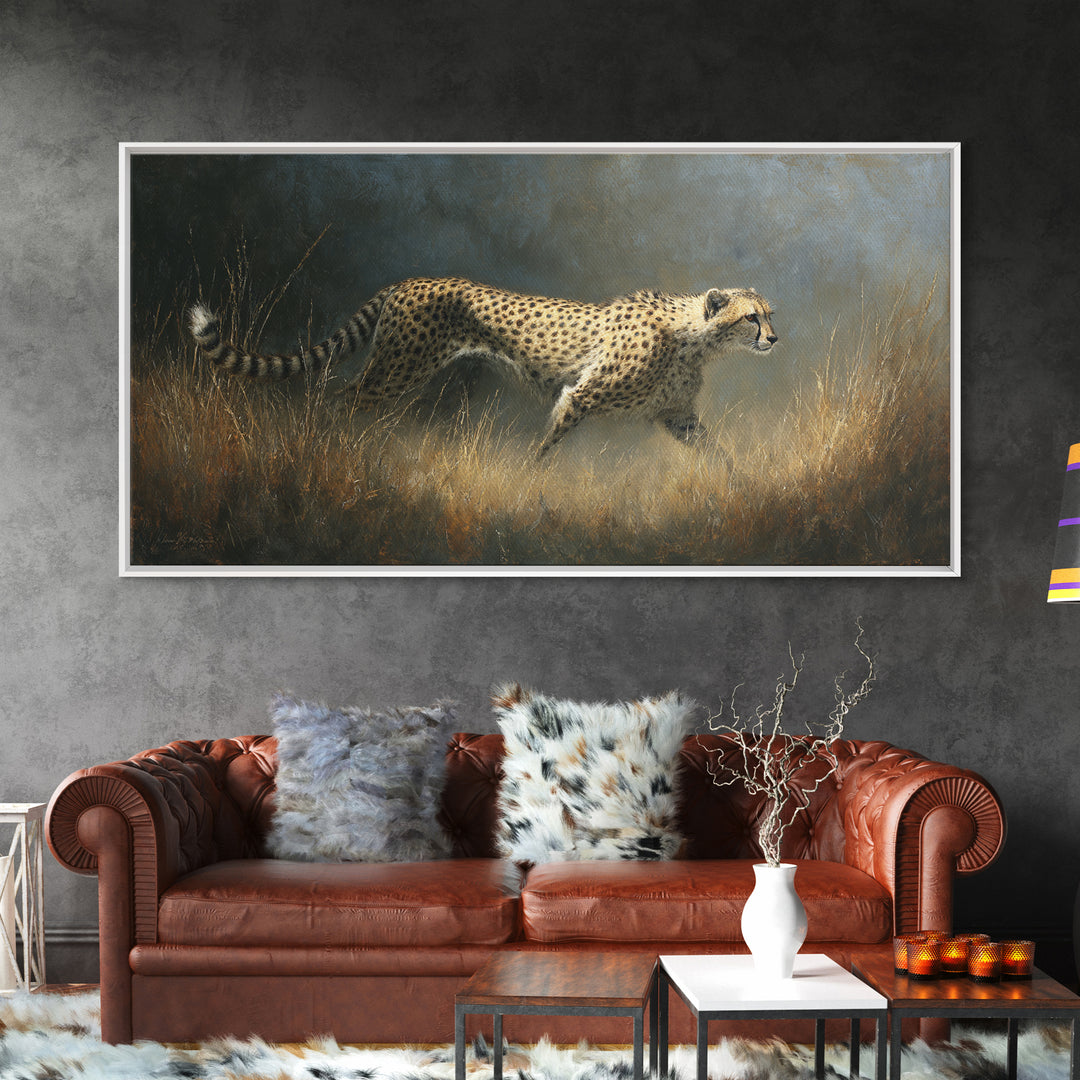 Cheetah Running Through Warm Dust Canvas Print, Wildlife Art, Living Room Decor, Wild, Living Room Art, Canvas Painting, WIL-2x1-89