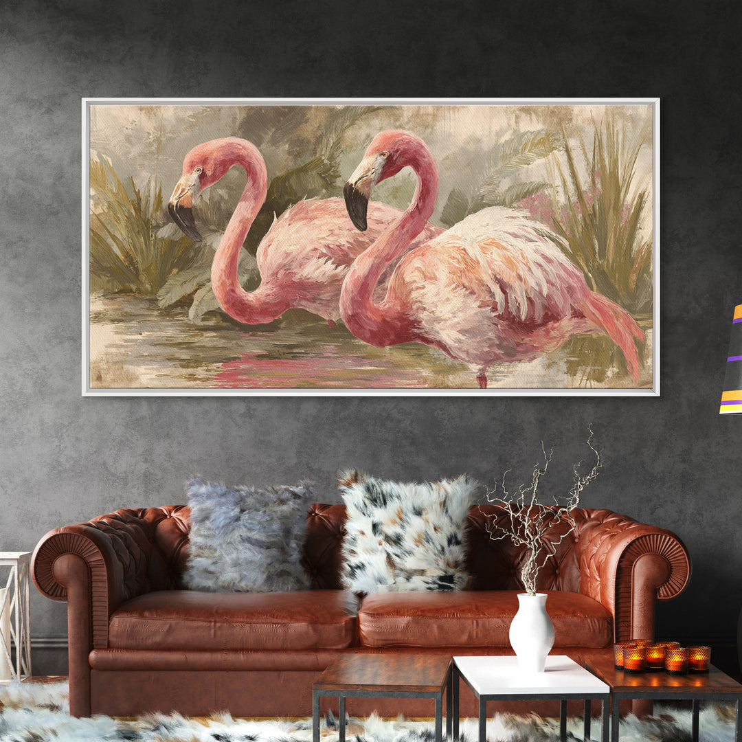 Flamingos in Pink Shallow Water Framed Canvas Print, Wildlife Art, Art, Living Room Decor, Oil Painting, Wild, WIL-2x1-90