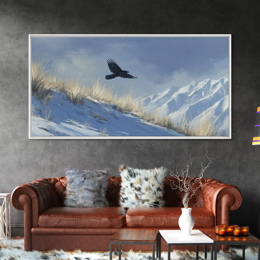Raven Flying Through Snowy Mountains Framed Canvas Print, Wildlife Art, Boho Wall Decor, Living Room Decor, Fine Art, Wild, WIL-2x1-92