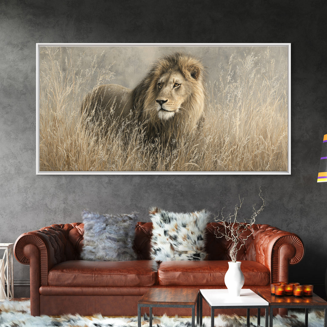 Lion Emerging from Golden Savanna Grass Canvas Print, Wildlife Art, Wall Art Print, Living Room Decor, Fine Art, Wild, WIL-2x1-93