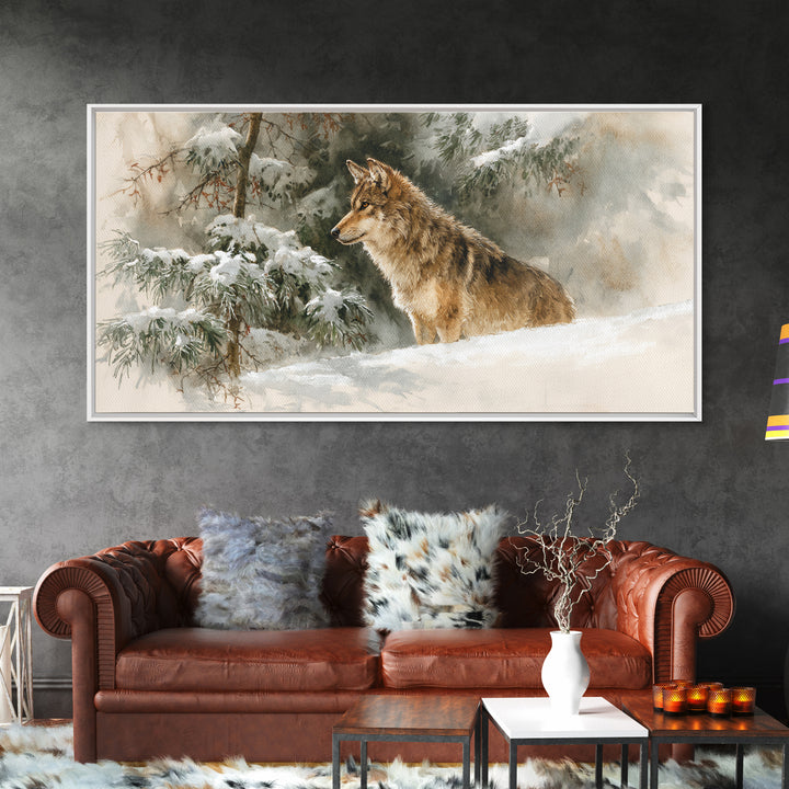 Wolf Standing Beneath Snowy Pine Trees Framed Canvas Print, Wildlife Art, Unique Home Decor, Living Room Decor, Fine Art, Wild, WIL-2x1-95