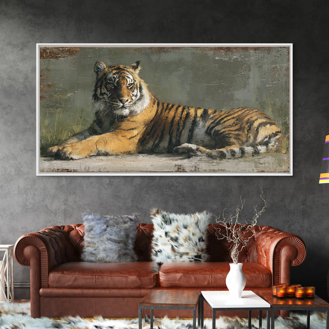 Tiger Portrait with Jungle Shadows Framed Canvas Print, Wildlife Art, Modern Wall Art, Living Room Decor, Oil Painting, Wild, WIL-2x1-97