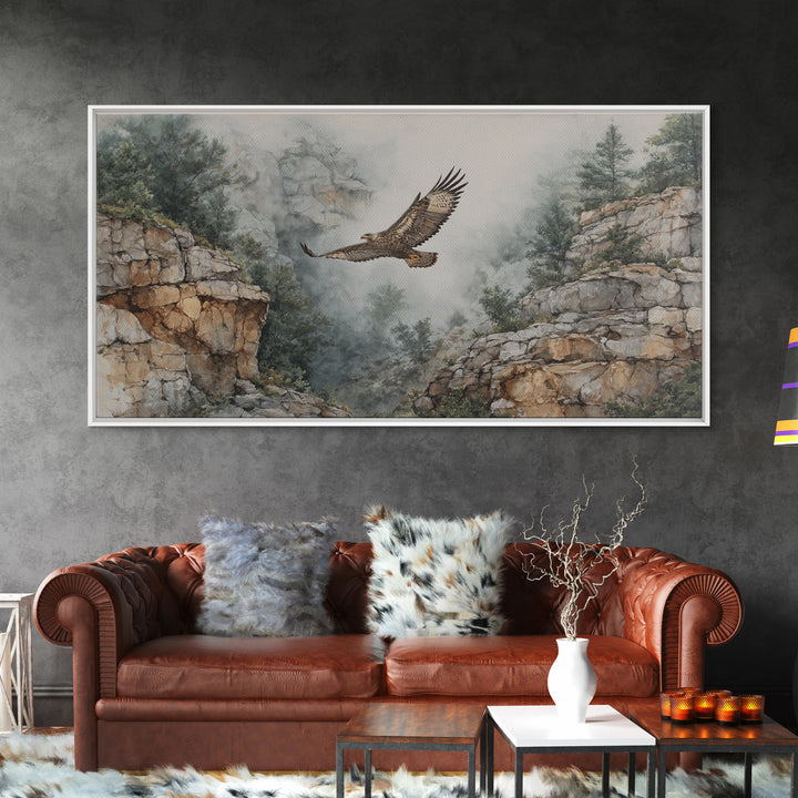 Eagle Soaring Above Rocky Cliffs Canvas Print, Wildlife Art, Living Room Decor, Watercolor Art, Wild, Living Room Wall Art, WIL-2x1-98