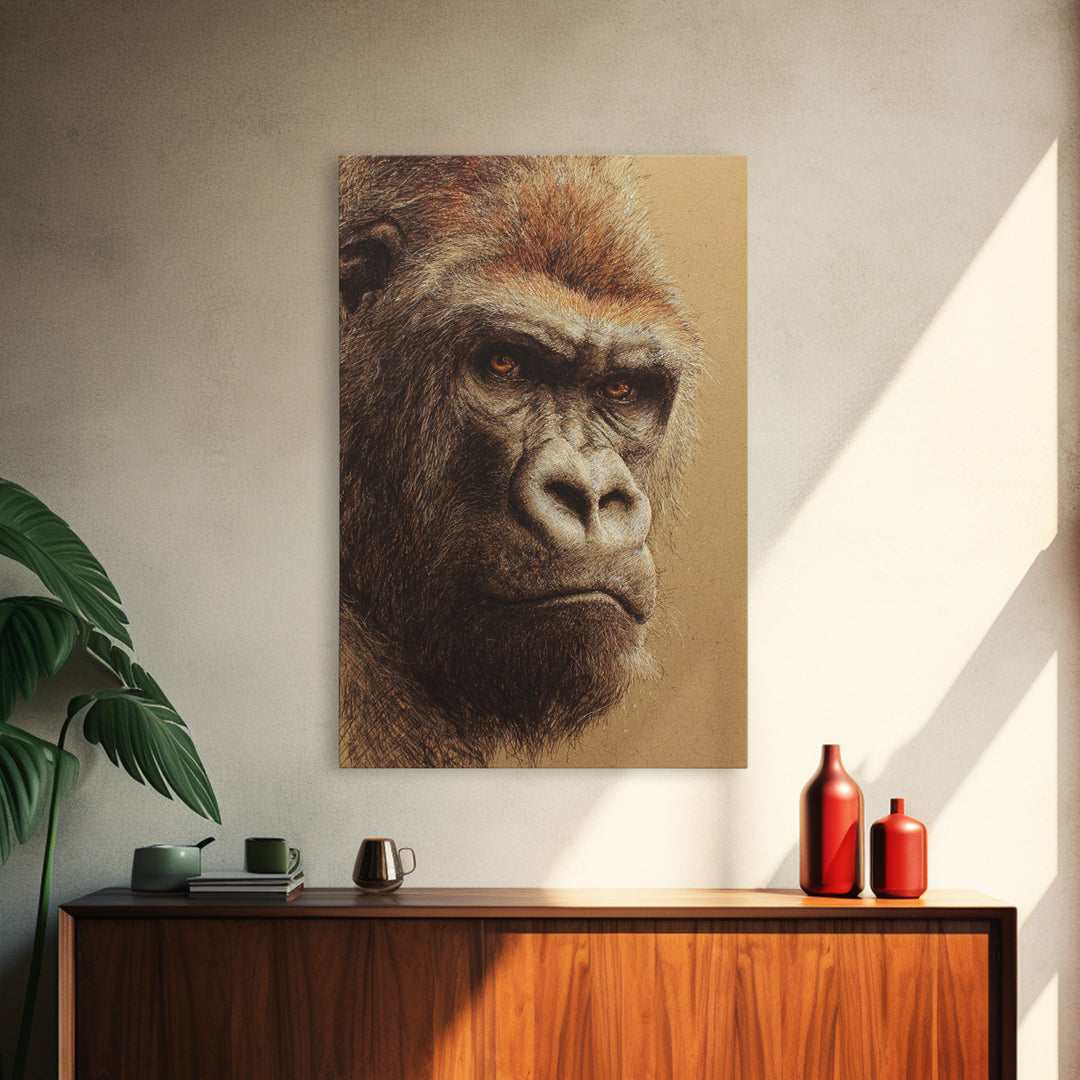 Gorilla Portrait with Powerful Gaze Framed Canvas Print, Wildlife Art, Wall Art, Living Room Decor, Wild, Modern Wall Art, WIL-2x3-1