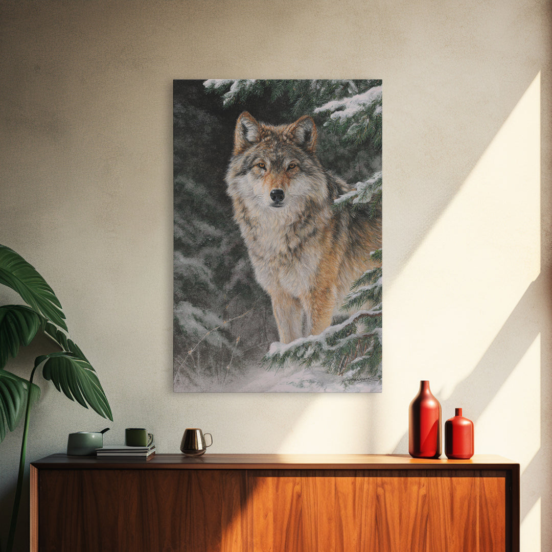 Wolf Standing Beneath Snowy Pine Trees Canvas Print, Wildlife Art, Original Artwork, Living Room Decor, Abstract Art, Wild, WIL-2x3-11