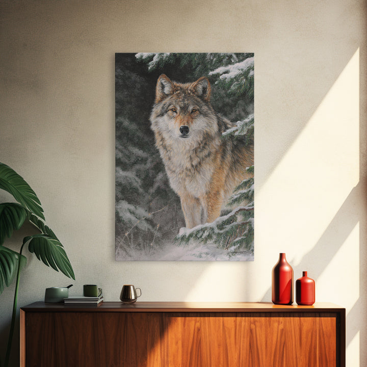 Wolf Standing Beneath Snowy Pine Trees Canvas Print, Wildlife Art, Original Artwork, Living Room Decor, Abstract Art, Wild, WIL-2x3-11