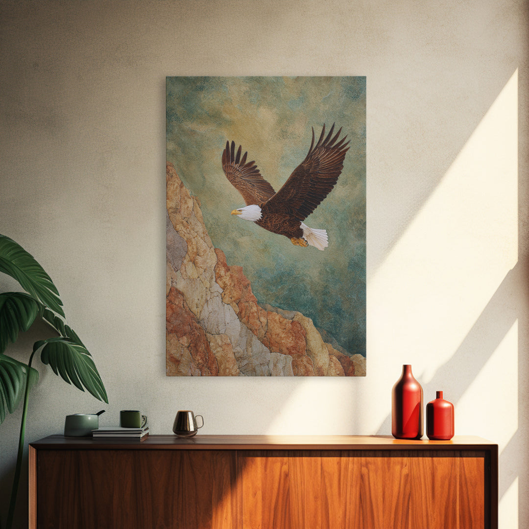 Eagle Soaring Above Rocky Cliffs Canvas Print, Wildlife Art, Art Print, Living Room Decor, Oil Painting, Wild, Digital Wall Art, WIL-2x3-14