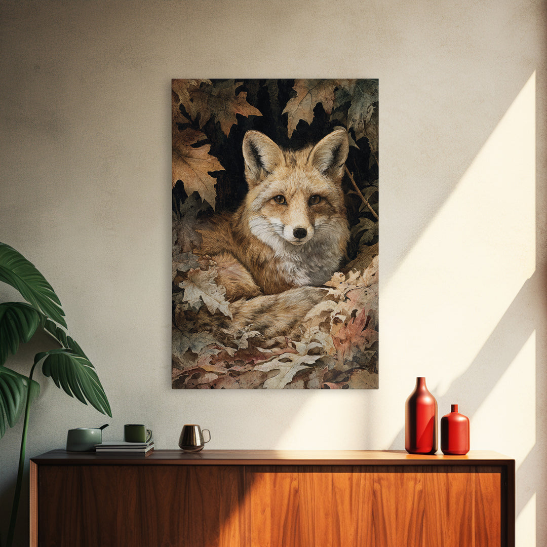 Fox in Autumn Forest Leaves Framed Canvas Print, Wildlife Art, Painting, Living Room Decor, Wild, Living Room Wall Art, WIL-2x3-17