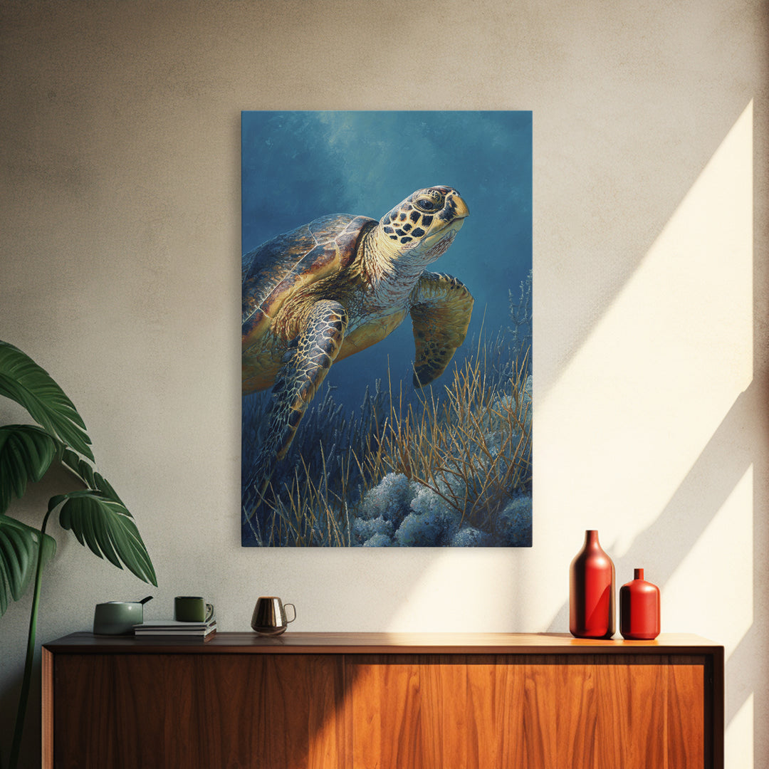 Sea Turtle over Coral Reef Framed Canvas Print, Wildlife Art, Boho Decor, Living Room Decor, Abstract Art, Wild, Painting, WIL-2x3-2