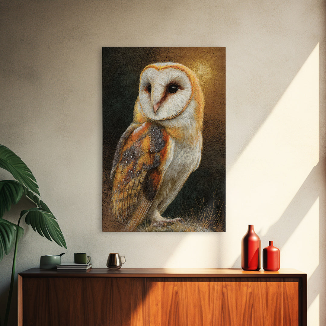 Owl Perched in Moonlit Woodland Framed Canvas Print, Wildlife Art, Oil Painting, Living Room Decor, Wild, Bedroom Wall Art, WIL-2x3-20