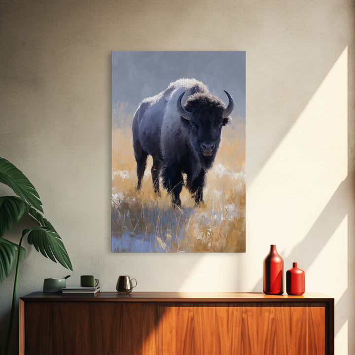 Bison on Wide Western Prairie Framed Canvas Print, Wildlife Art, Contemporary Art, Living Room Decor, Oil Painting, Wild, WIL-2x3-21