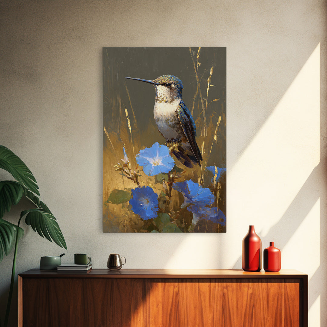 Hummingbird Beside Bright Flowers Framed Canvas Print, Wildlife Art, Canvas Painting, Living Room Decor, Watercolor Art, Wild, WIL-2x3-24