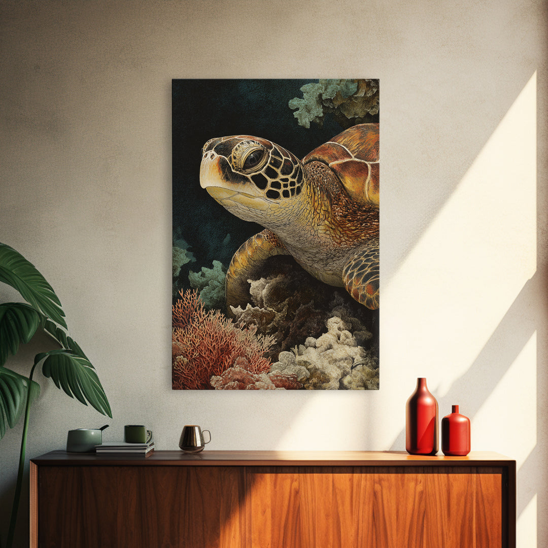Sea Turtle over Coral Reef Framed Canvas Print, Wildlife Art, Boho Decor, Living Room Decor, Abstract Art, Wild, Painting, WIL-2x3-26